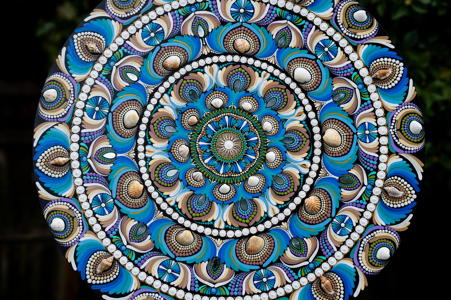 The Sea, Sand and the Shells - 30" dot mandala on wood