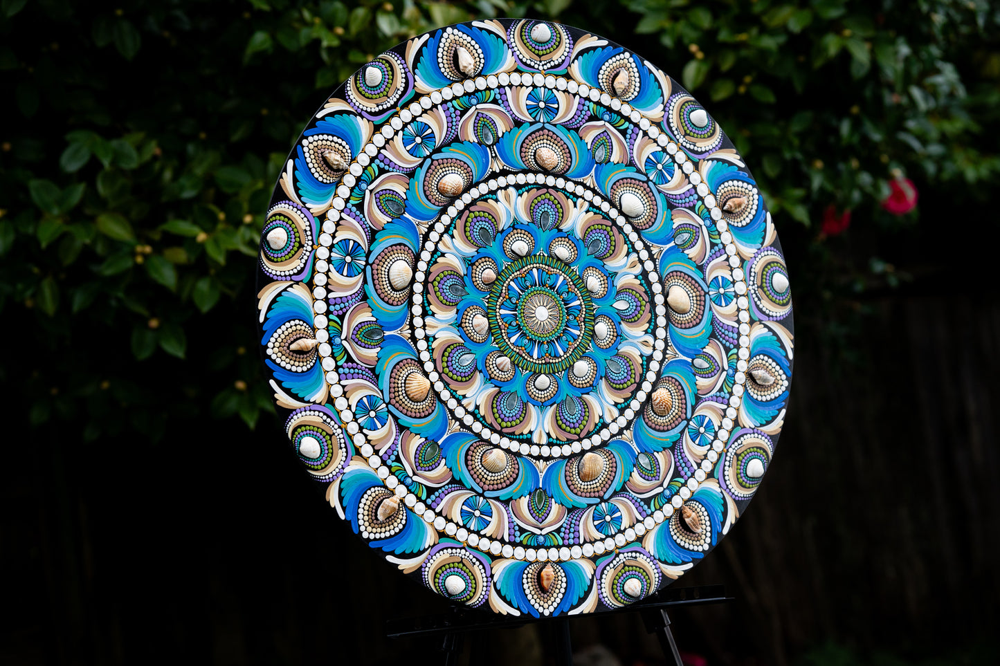 The Sea, Sand and the Shells - 30" dot mandala on wood