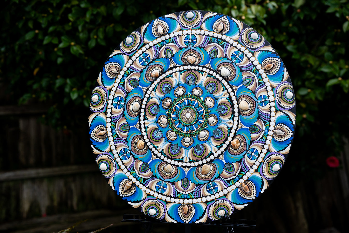 The Sea, Sand and the Shells - 30" dot mandala on wood