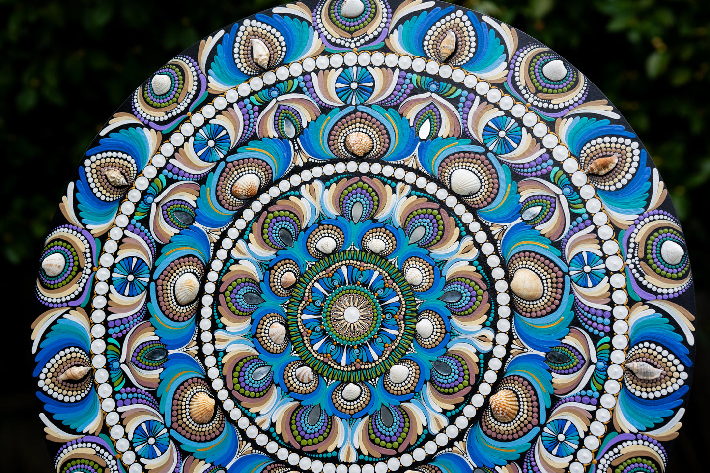 The Sea, Sand and the Shells - 30" dot mandala on wood