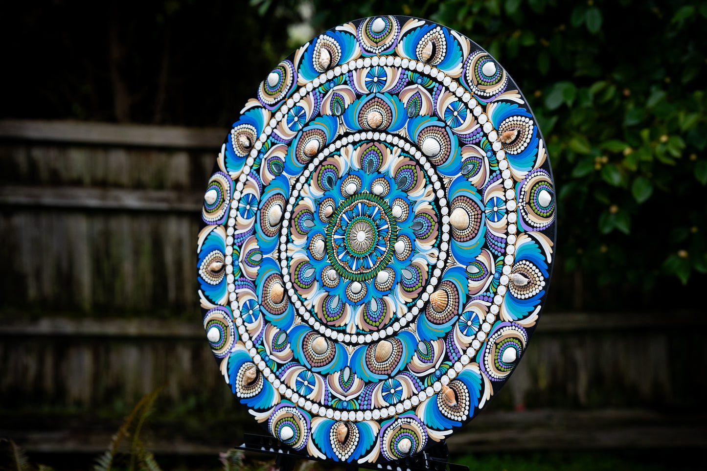 The Sea, Sand and the Shells - 30" dot mandala on wood