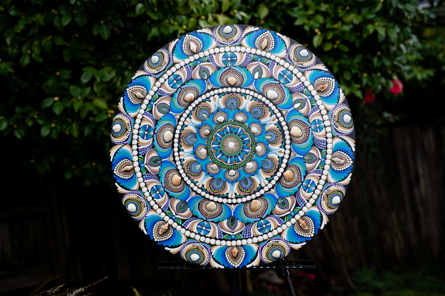 The Sea, Sand and the Shells - 30" dot mandala on wood