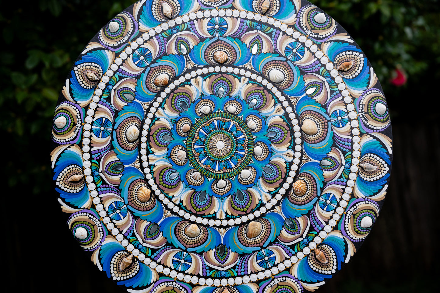 The Sea, Sand and the Shells - 30" dot mandala on wood