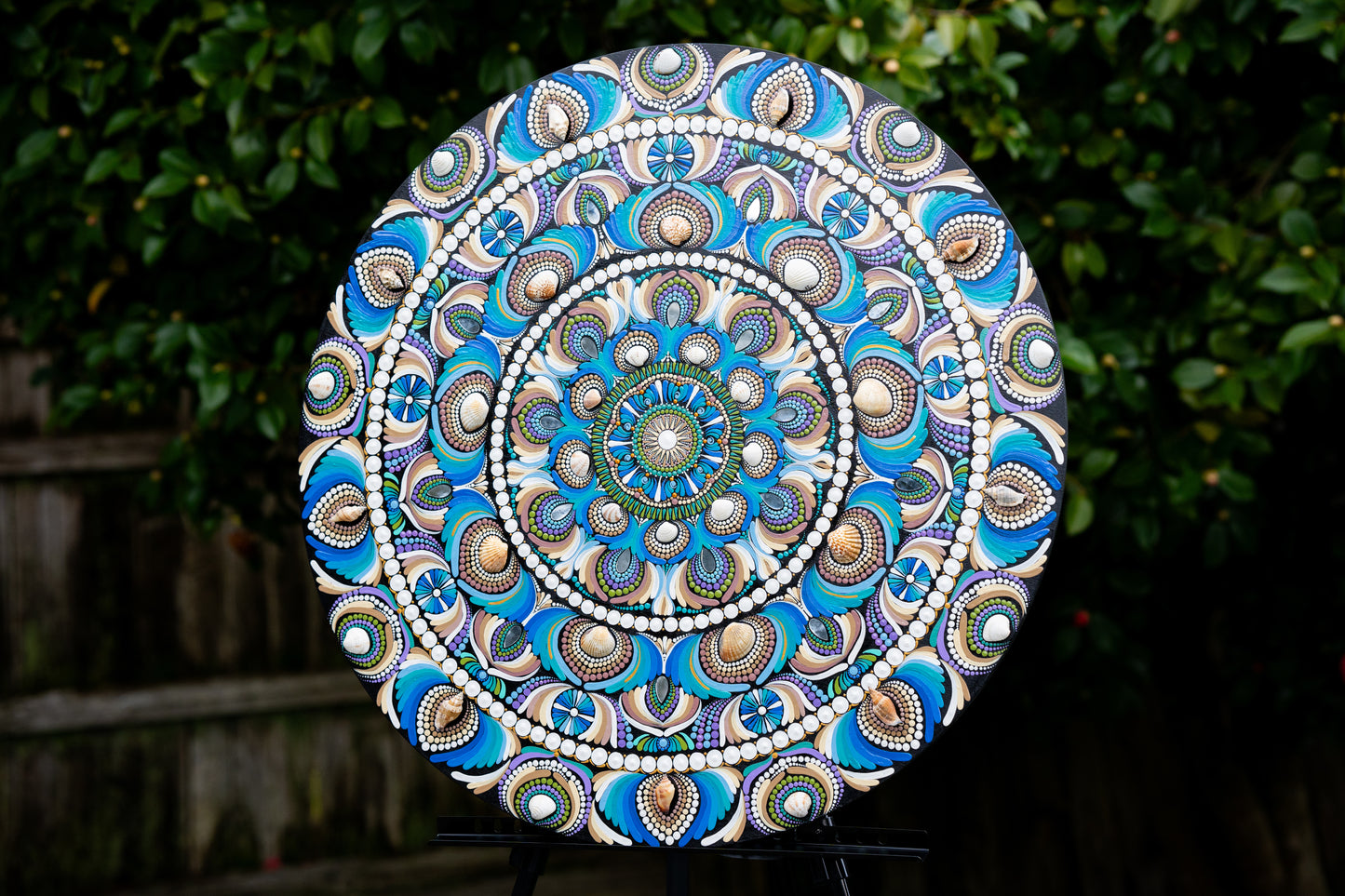 The Sea, Sand and the Shells - 30" dot mandala on wood