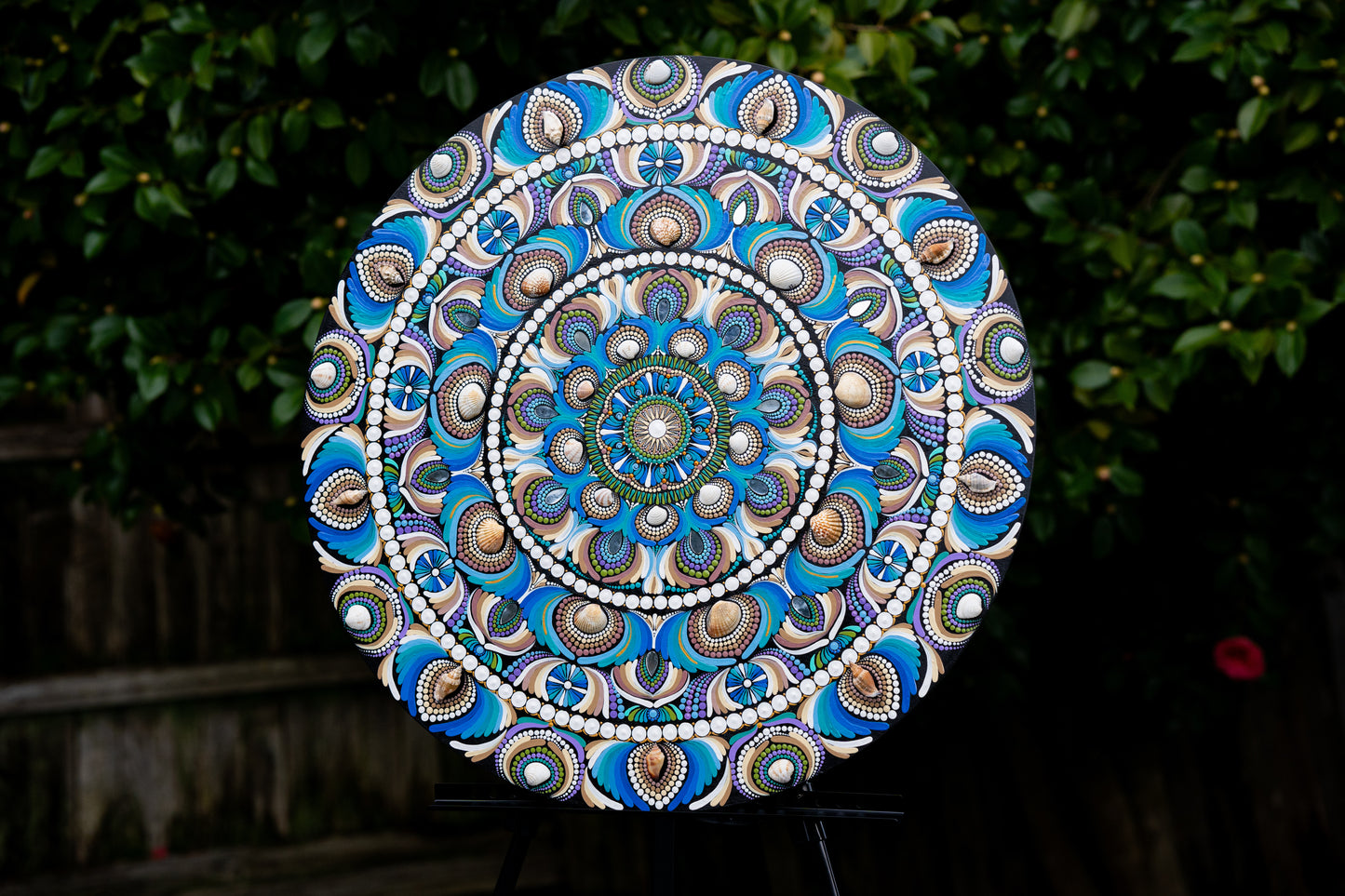 The Sea, Sand and the Shells - 30" dot mandala on wood