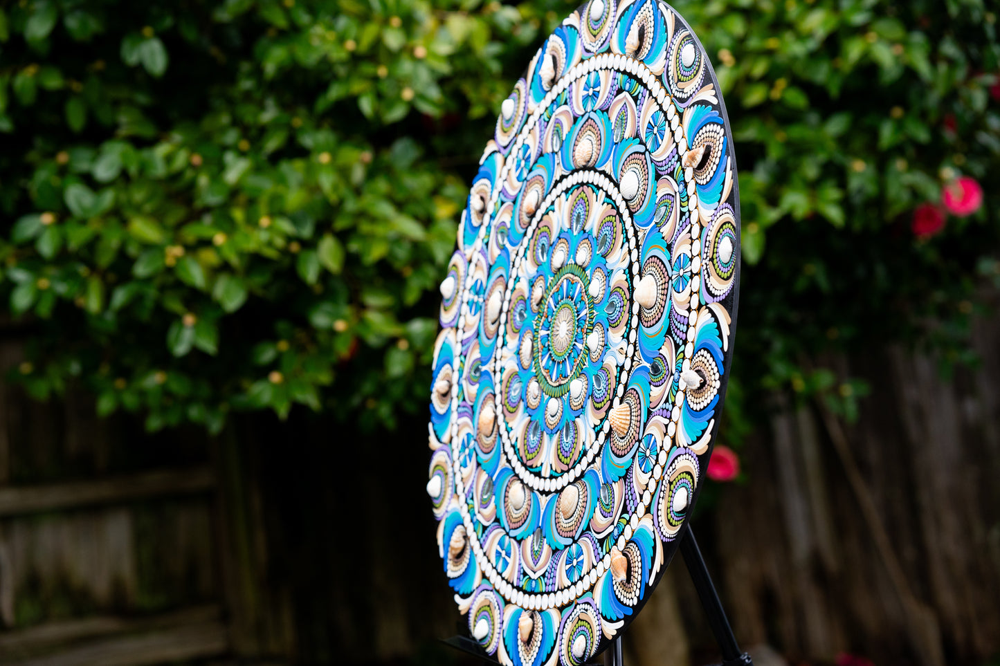 The Sea, Sand and the Shells - 30" dot mandala on wood