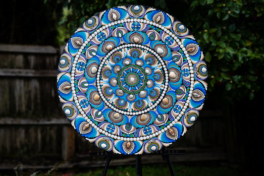 The Sea, Sand and the Shells - 30" dot mandala on wood